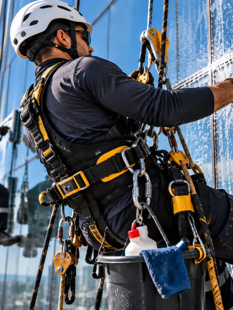 Técnico em acesso por cordas com cinturão, descensor, mosquetões e balde de ferramentas junto à fachada