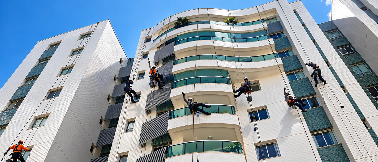 Equipe de técnicos em acesso por cordas trabalhando simultaneamente na fachada de um edifício residencial