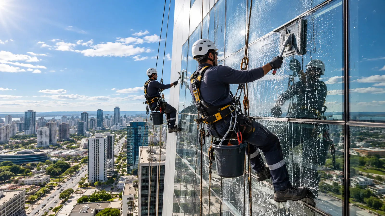 Técnicos suspensos por cordas limpando a fachada envidraçada de um edifício alto, com a cidade ao fundo